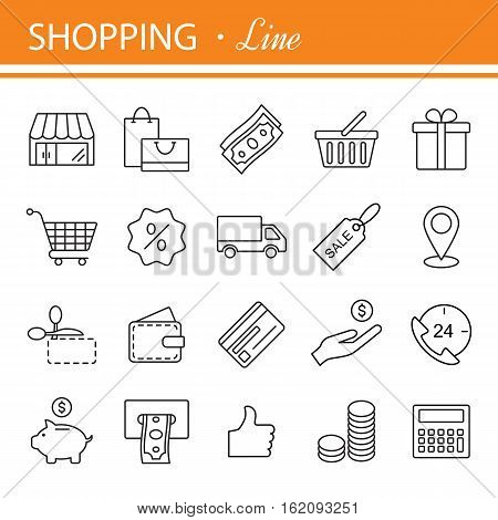 Thin lines web icons set - E-commerce, shopping. Universal internet icon to use in web and mobile UI, set of basic UI internet elements.