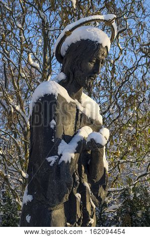 St. Michael's Golden-Domed Monastery statue covered with snow