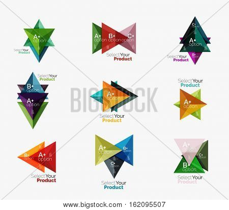 Set of triangle option infographic layouts. Select your product concept, make a choice idea