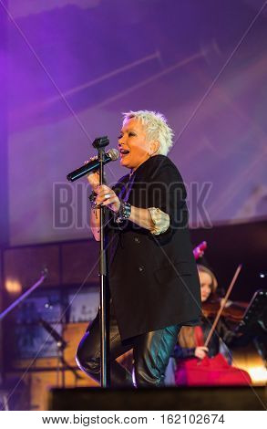 CRACOW POLAND - NOV EMBER 6 2016: Symphonica 2 Made in Poland The music of cult of underground rock metal- and punk Polish groups from years 80-these performed by musicians and soloists Filharmonia Futura on stage cinemas Kiev in Cracow. O/p Malgorzata Os