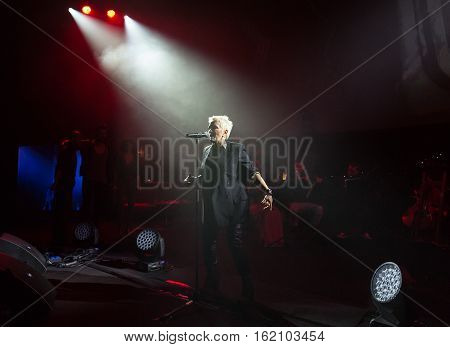 CRACOW POLAND - NOV EMBER 6 2016: Symphonica 2 Made in Poland The music of cult of underground rock metal- and punk Polish groups from years 80-these performed by musicians and soloists Filharmonia Futura on stage cinemas Kiev in Cracow. O/p Malgorzata Os