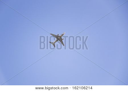 Plane is flying in the blue sky