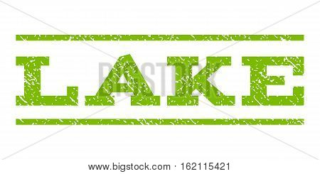 Lake watermark stamp. Text caption between horizontal parallel lines with grunge design style. Rubber seal stamp with scratched texture. Vector eco green color ink imprint on a white background.
