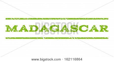 Madagascar watermark stamp. Text caption between horizontal parallel lines with grunge design style. Rubber seal stamp with dirty texture. Vector eco green color ink imprint on a white background.