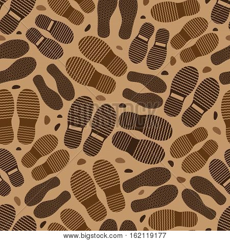 Vector seamless pattern with traces of shoes and stons on a brown background background