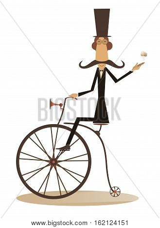 Cartoon man rides a bike. Gentleman with mustache, top hat and umbrella rides a retro bike and smoking a cigar