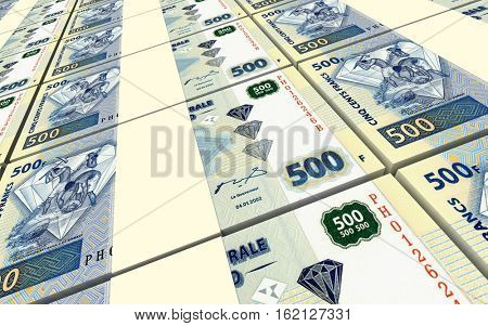 Congolese francs bills stacked background. 3D illustration.