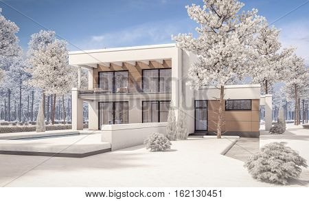 3D Rendering Of Modern Winter House