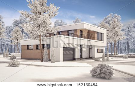 3D Rendering Of Modern Winter House