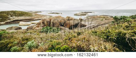 Landscape around the Gap a stone formation in Torndirrup National Park Albany Western Australia.vintage toning filter add .