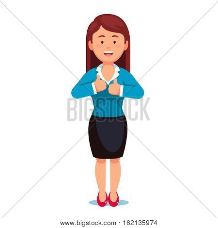 Standing smiling redhead businesswoman in official suit showing thumbs up gesture with her hands. Flat style vector illustration isolated on white background.