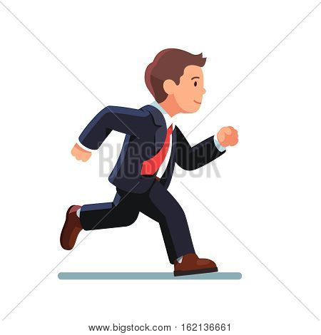 Business man in suit and red tie running fast. Fast run of businessman. Side view. Flat style vector illustration isolated on white background.