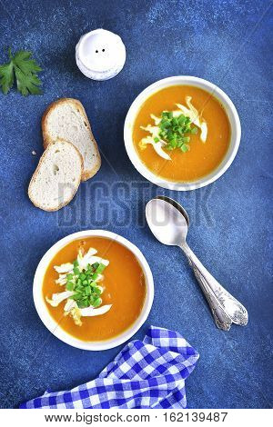 Two Portions Of Pumpkin Soup.top View.