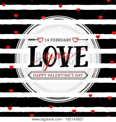 Vector illustration of stylish happy valentines day greeting card with lettering typography text sign, hearts, arrow, white round shape frame on seamless rough stripes background in Memphis style