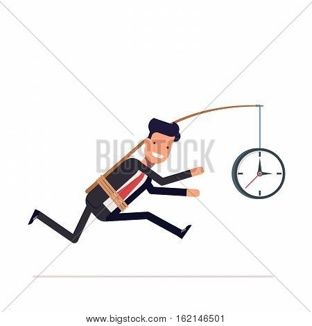 Businessman or tied clock manager runs the time. Stupid, inconsiderate man in a business suit does not notice his mistake. Vector, illustration EPS10