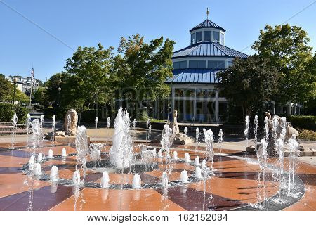 CHATTANOOGA, TN - OCT 5: Interactive fountain at Coolidge Park in Chattanooga, Tennessee, as seen on Oct 5, 2016. The park is part of the Tennessee Riverwalk that runs along the Tennessee River.