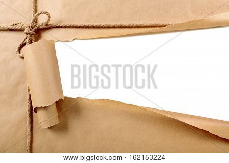 Torn paper package with white background strip