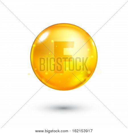 Vitamin F glitter gold icon. Linoleic acid vitamin drop pill capsule. Shining golden essence droplet. Beauty treatment nutrition skin care design. Natural supplement 3d symbol. Vector illustration.