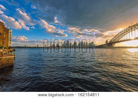 Sydney Harbour at sunset viewed from Milsons Point in North Sydney Australia. DEC 19,2016 Sydney Harbour is a beautiful meandering waterway, famous around the world.