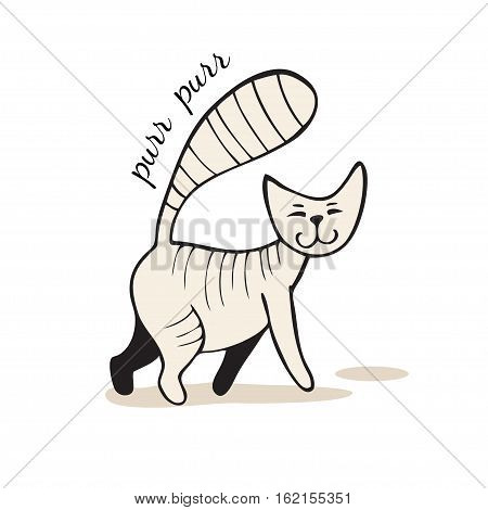 Grey cartoon tabby cat walks and purrs. Vector illustration in hand-drawn style.
