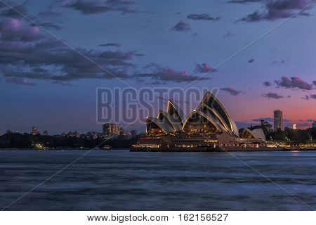 Sydney Opera House at sunset viewed from Milsons Point in North Sydney Australia.DEC 19,2016 Sydney Opera House is modern building, well known worldwide.