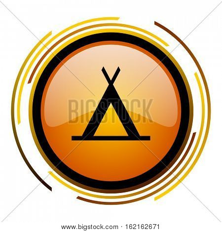 Camping tent sign vector icon. Modern design round orange button isolated on white square background for web and application designers in eps10.