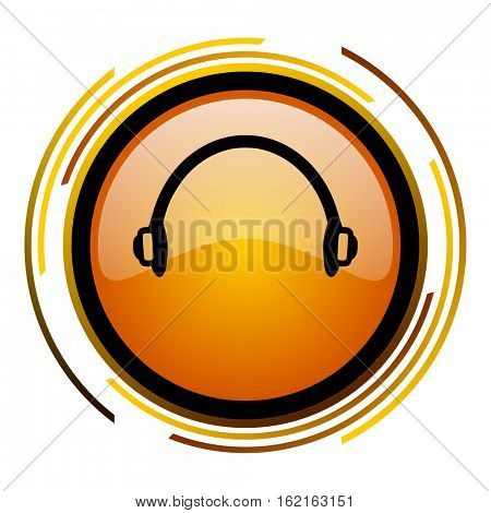 Listen music - headphones sign vector icon. Modern design round orange button isolated on white square background for web and application designers in eps10.