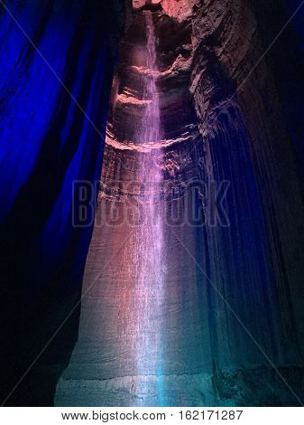 CHATTANOOGA, TN - OCT 4: Ruby Falls in Chattanooga, Tennessee, as seen on Oct 4, 2016. It is a 145-foot high underground waterfall located within Lookout Mountain.