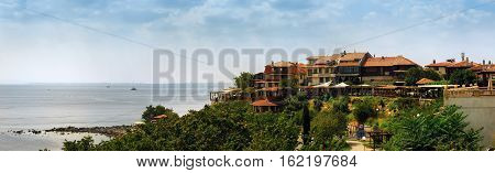 Nesebar Bulgaria - August 30 2013: Seaside resort and ancient town Nessebar in Bulgaria. Bulgarian Black Sea Coast. UNESCO world heritage site. Panoramic shot.