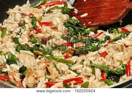 Cooking  Stir - Fried Crad With Chili And Basil Leaf.