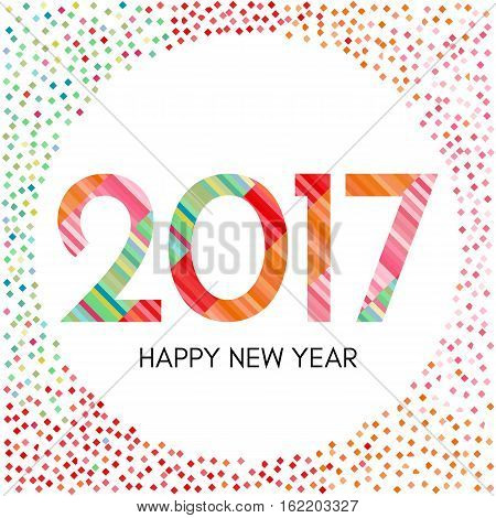 Happy New Year 2017 label with colorful confetti. New Year and Xmas Design Element Template. Vector Illustration.