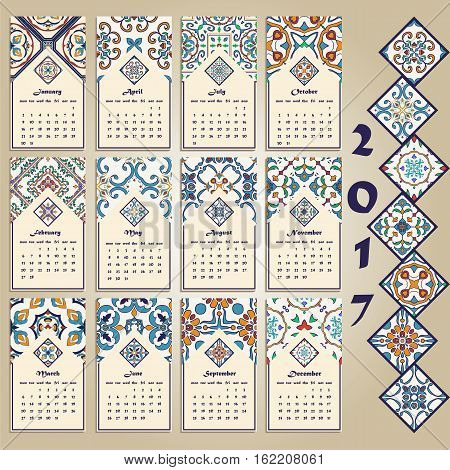 Vector calendar 2017. Portuguese Azulejo Moroccan; Spanish; Arabic; asian ornaments. Geometric and floral motifs