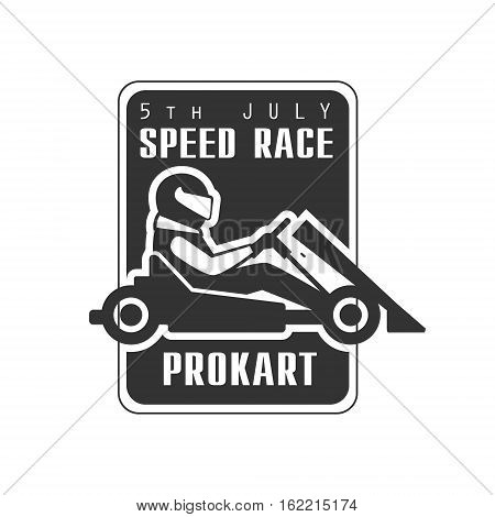 Karting Club Speed Race Black And White Logo Design Template With Rider In Kart Silhouette. Monochrome Vector Promo Emblem With Text And Fast Car Print.
