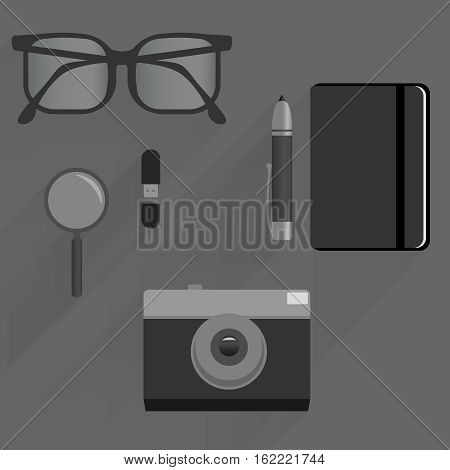 Top view of office desk table with glasses, pen, flash drive, camera, magnifying glass, notebook with flat shadows. Eps10 vector template.