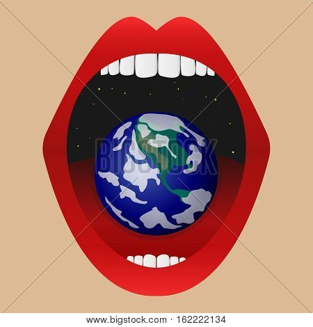 Conceptual illustration of the consumer relation of people to resources of the planet earth. Vector Image