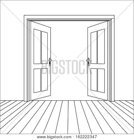 Vector Opened Line Doors Outside In Room with Floor