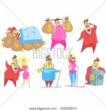 Millionaire Rich Man Funny Cartoon Character And His Money Collection Of Lifestyle Situations. Multimillionaire Businessman With Cigar In Red Jacket Activities Vector Illustrations.
