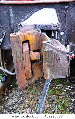 Detail view of a cargo train coupler