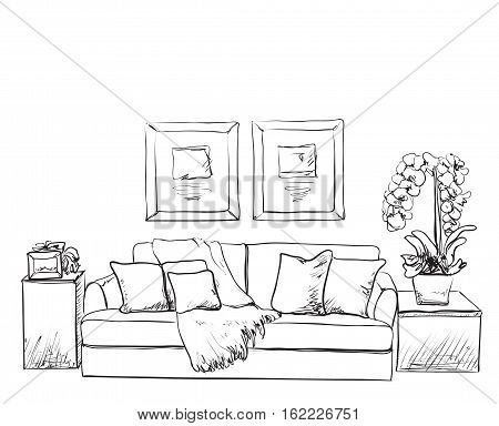 Modern interior room sketch. Hand drawn sofa and furniture.