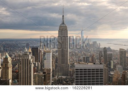 aerial view of Manhattan financial district skyline, New York