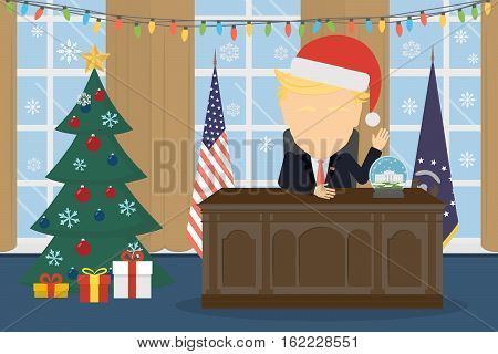 Russia December 19 2016 Donald Trump sitting in White house in santa hat.