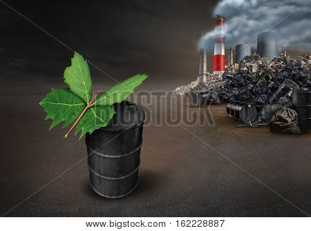 Pollution conservation hope environmental concept as a leaf shaped as a butterfly on an old dirty petroleum oil can with industrial urban pollution landscape in the background with 3D illustration elements.