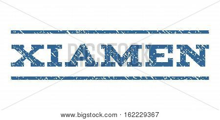 Xiamen watermark stamp. Text caption between horizontal parallel lines with grunge design style. Rubber seal stamp with unclean texture. Vector cobalt color ink imprint on a white background.