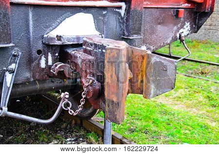 Detail view of a cargo train coupler