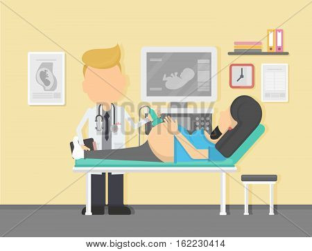 Ultrasound during pregnancy. Doctor doing sonography to a pregnant woman.