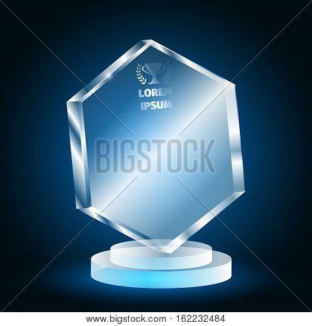 Glass trophy for the winner on a blue background. 3D prize of Plexiglas.