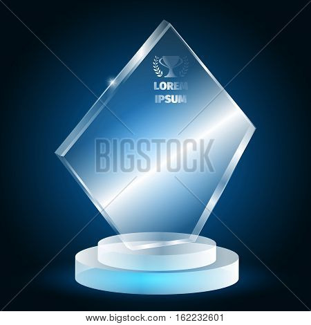 Glass trophy for the winner on a blue background. 3D prize of Plexiglas.