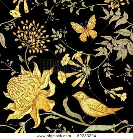 Exotic flowers, birds and butterflies. Seamless vector floral pattern in style vintage luxury fabrics. Unusual art illustration for paper, curtains, clothing, case phone, cover. Black and gold foil.