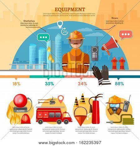 Professional firefighters infographic equipment fireman fire station fire alarm in building vector illustration