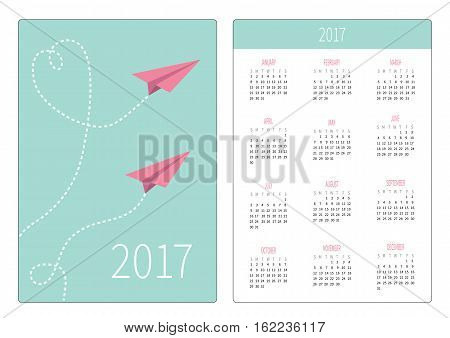 Pocket calendar 2017 year. Week starts Sunday. Flat design Vertical orientation Template. Two flying paper planes. Heart dash line loop in the sky. Vector illustration